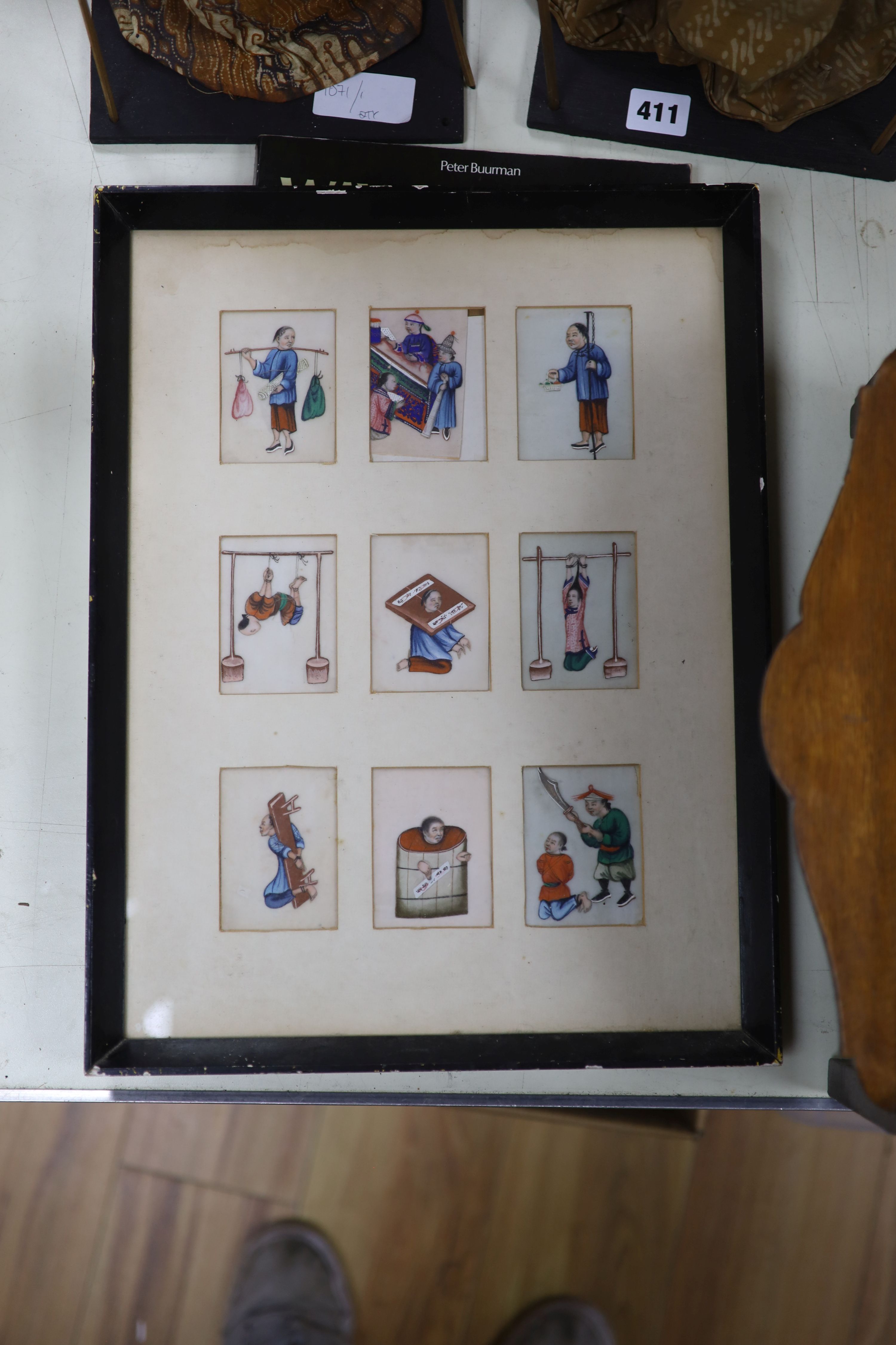 19th century Chinese School, nine gouaches on pith paper, Torture and Execution scenes, 8 x 6cm, framed as one